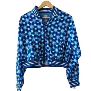 FP Movement Womens Tennis Jacket L Blue Floral Indigo Cropped Bomber Courtcore